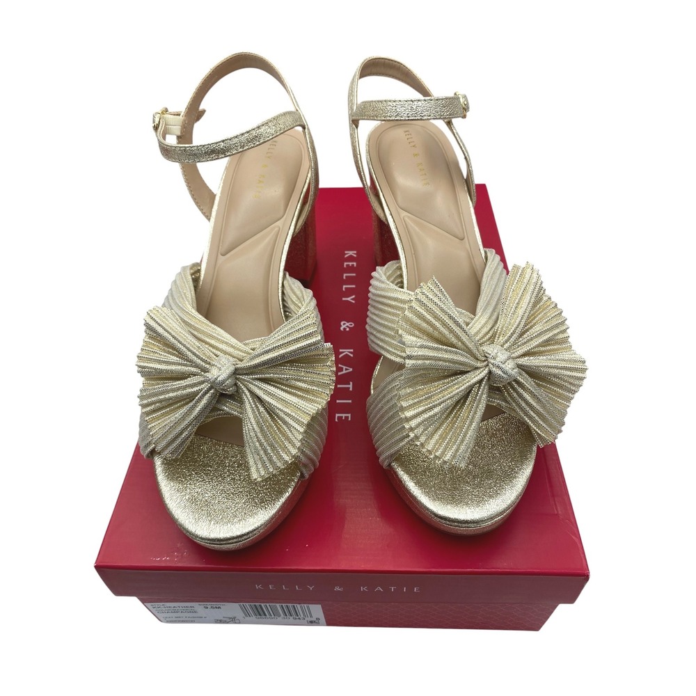 Kelly & Katie Heather Champagne Metallic Bow Platform Block Heel Sandals 9.5